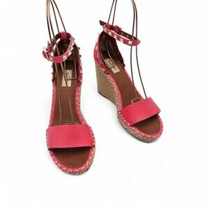 Valentino Garavani Rockstud Wedge Espadrille Sandal Pink Leather Size 40 US 10